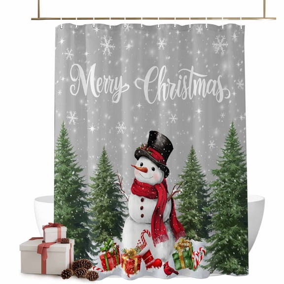 Shower Curtain 48"W x 72"L Snowman Christmas Tree Gray Texture Fabric Shower Curtains Set with Hooks Water Repellent Bathroom Curtains Machine Washable Bathroom Accessories
