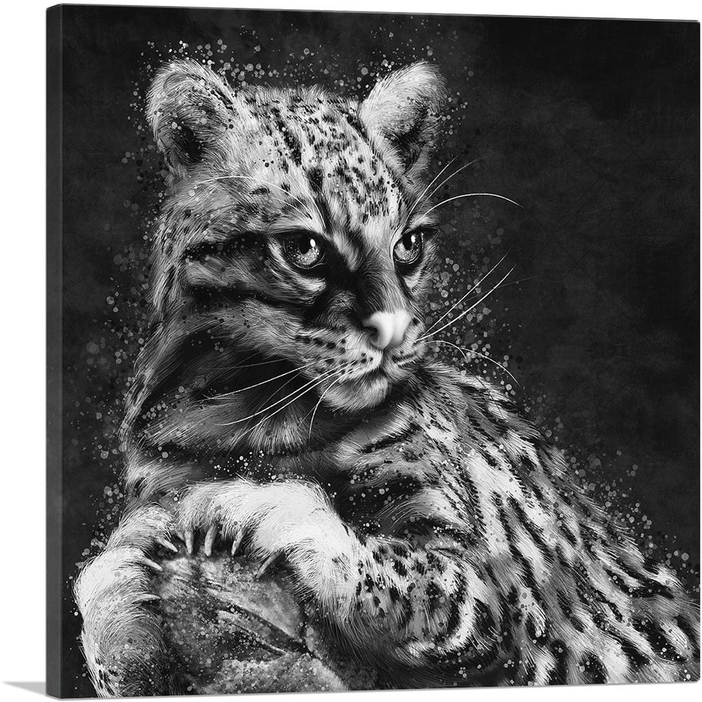 ARTCANVAS Ocelot Cat Animal Black White Canvas Art Print - Size: 26" x