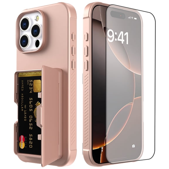 Allytechgroup iPhone 16 Pro Case with Screen Protector, Hidden Cards Slots & Makeup Mirror Full Body Shockproof Anti-Scratch Drop Proof Phone Case Cover for Apple iPhone 16 Pro, Rosegold