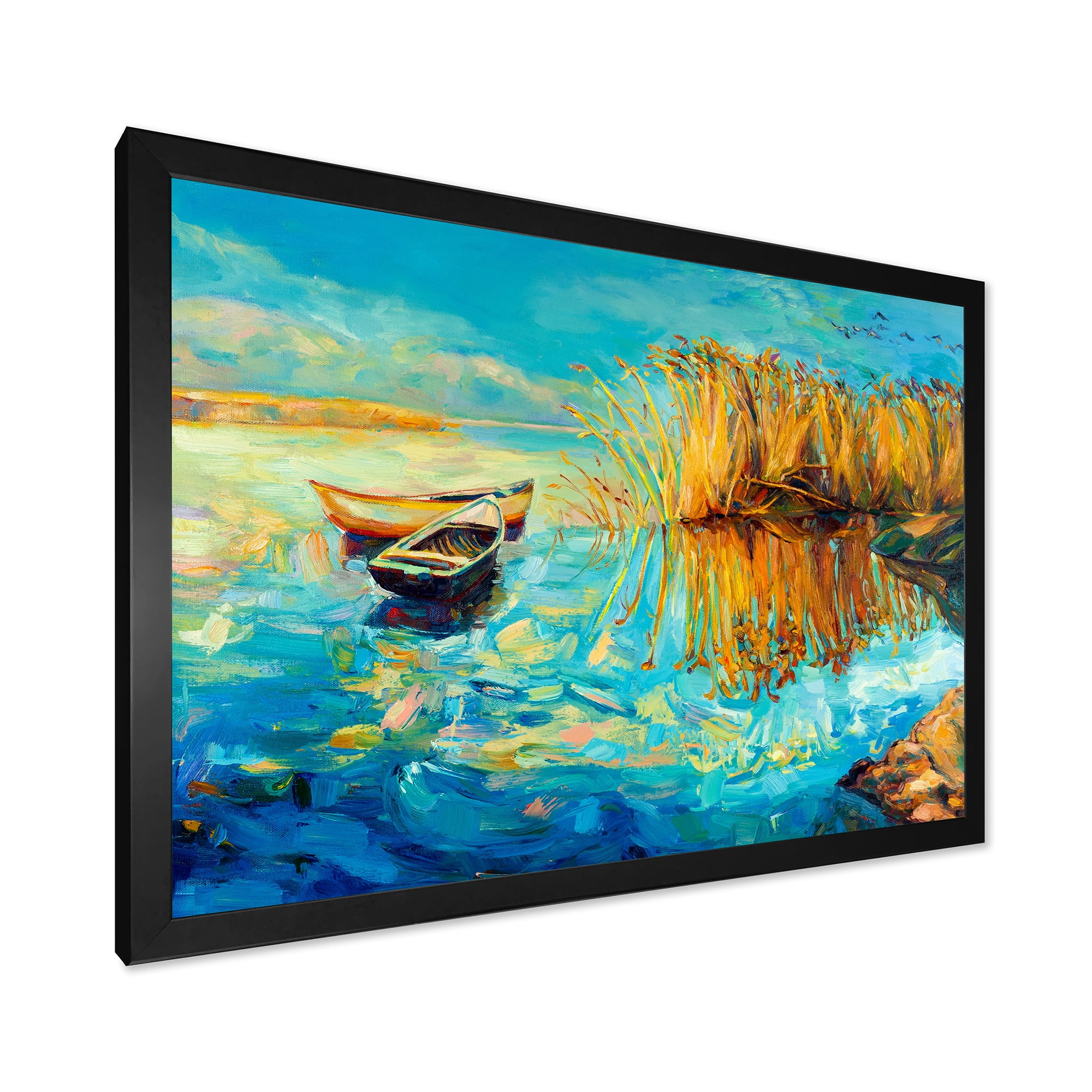 Orange Trees With Turquoise Lake During Sunset 20 in x 12 in Framed Painting Canvas Art Print, by Designart