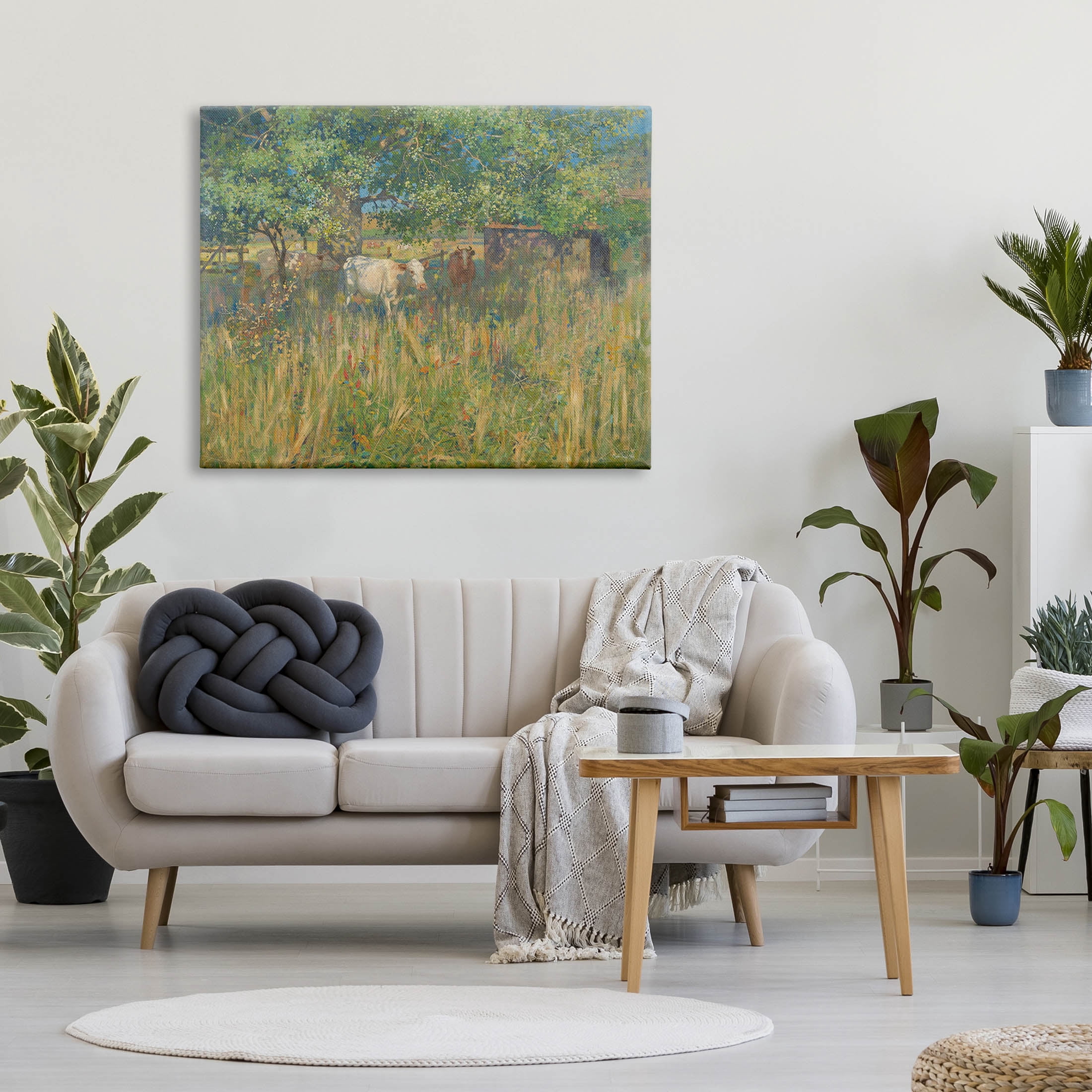 Cattle Grazing Grassland Pasture Landscape Painting Gallery Wrapped Canvas Print Wall Art