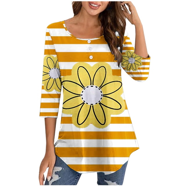 Birdeem Blouse for Women Womens Round Neck 3/4 Sleeve Button Up Top