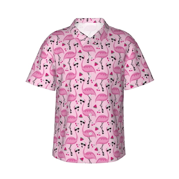 Fotbe Cool Flamingos Camisa Hawaiana para Hombre Unisex – Camisa Casual de Verano con Botones de Manga Corta de Algodón y Lino,X-Large