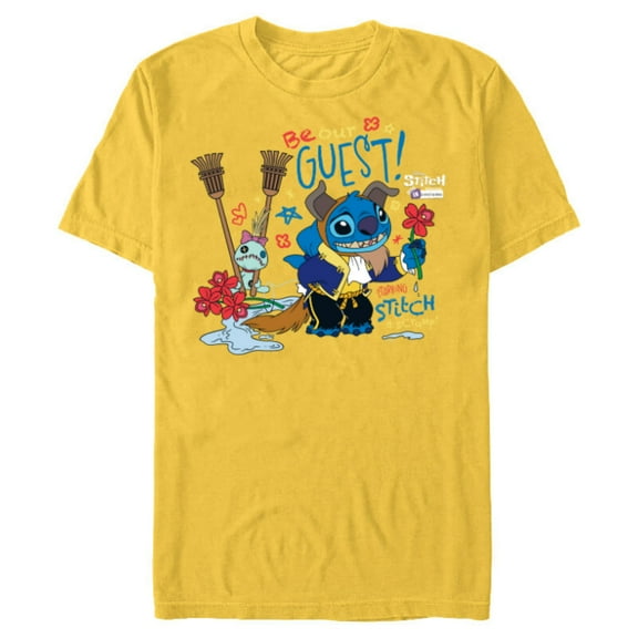 Disney 100 Stitch in Costume The Beast Be Our Guest & Scrump - Short Sleeve Blended T-Shirt for Adults - Customized-Yellow