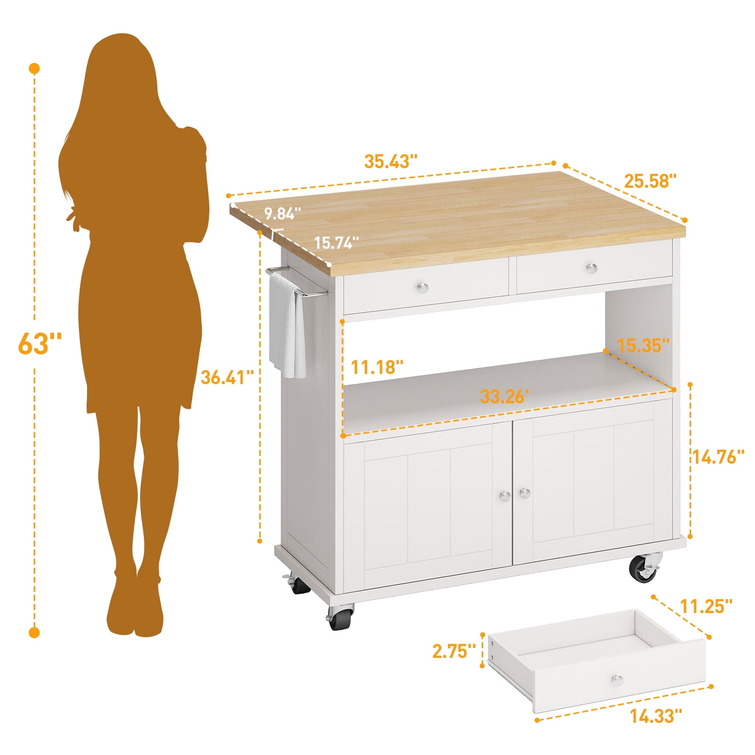 Rolling Kitchen Island with Folding Drop Leaf Top, Storage Cabinet & 2 Drawers, 35.4" W Kitchen Cart, Portable Mobile Kitchen Island with Lockable Wheels, Towel Rack and Adjustable Shelves, Blue
