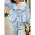 thumbnail image 6 of Aojekbee Women's Summer Sweet Shirt Plaid Print Lantern Long Sleeve Doll Collar Bow Tie-Up Front Loose Peplum Tops, 6 of 10