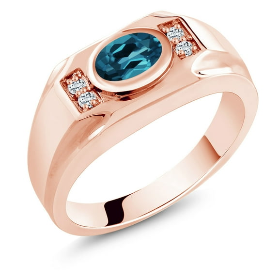 Gem Stone King Men's 18K Rose Gold Plated Silver London Blue Topaz and White Topaz Ring (1.46 Cttw, Gemstone November Birthstone, Oval 8X6MM,, Size 7)