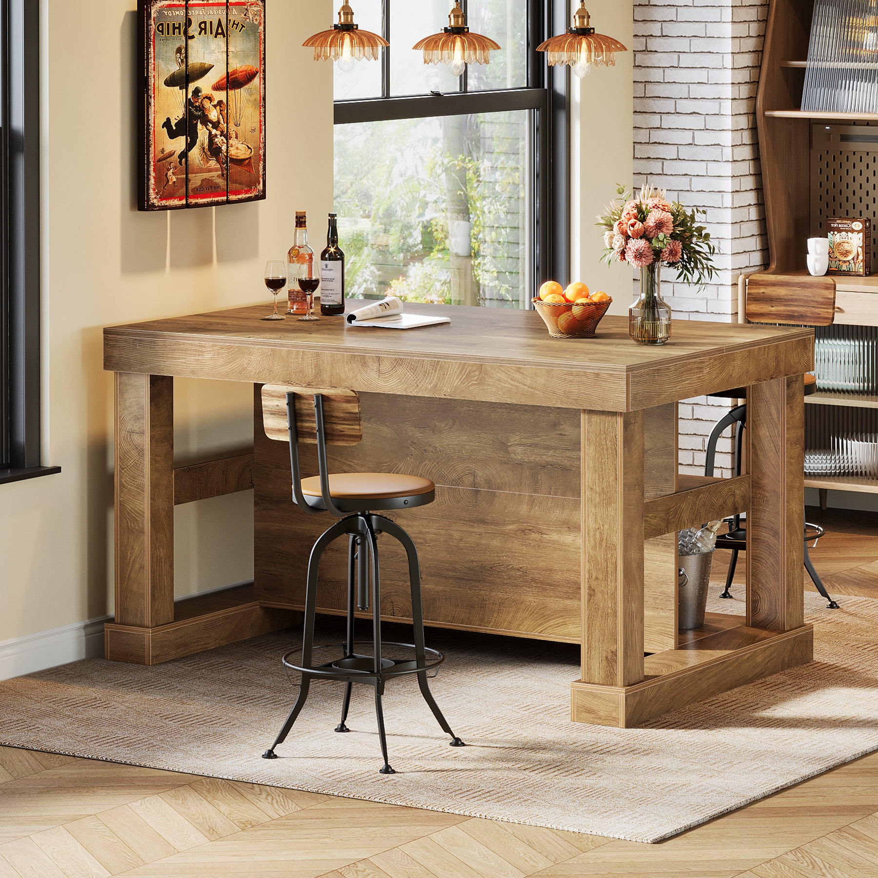 Finmind 55-inch Kitchen Island with 3 Storage Shelves, Large Farmhouse Kitchen Shelf with Spacious Worktop, Natural Brown (Easy to Assemble)