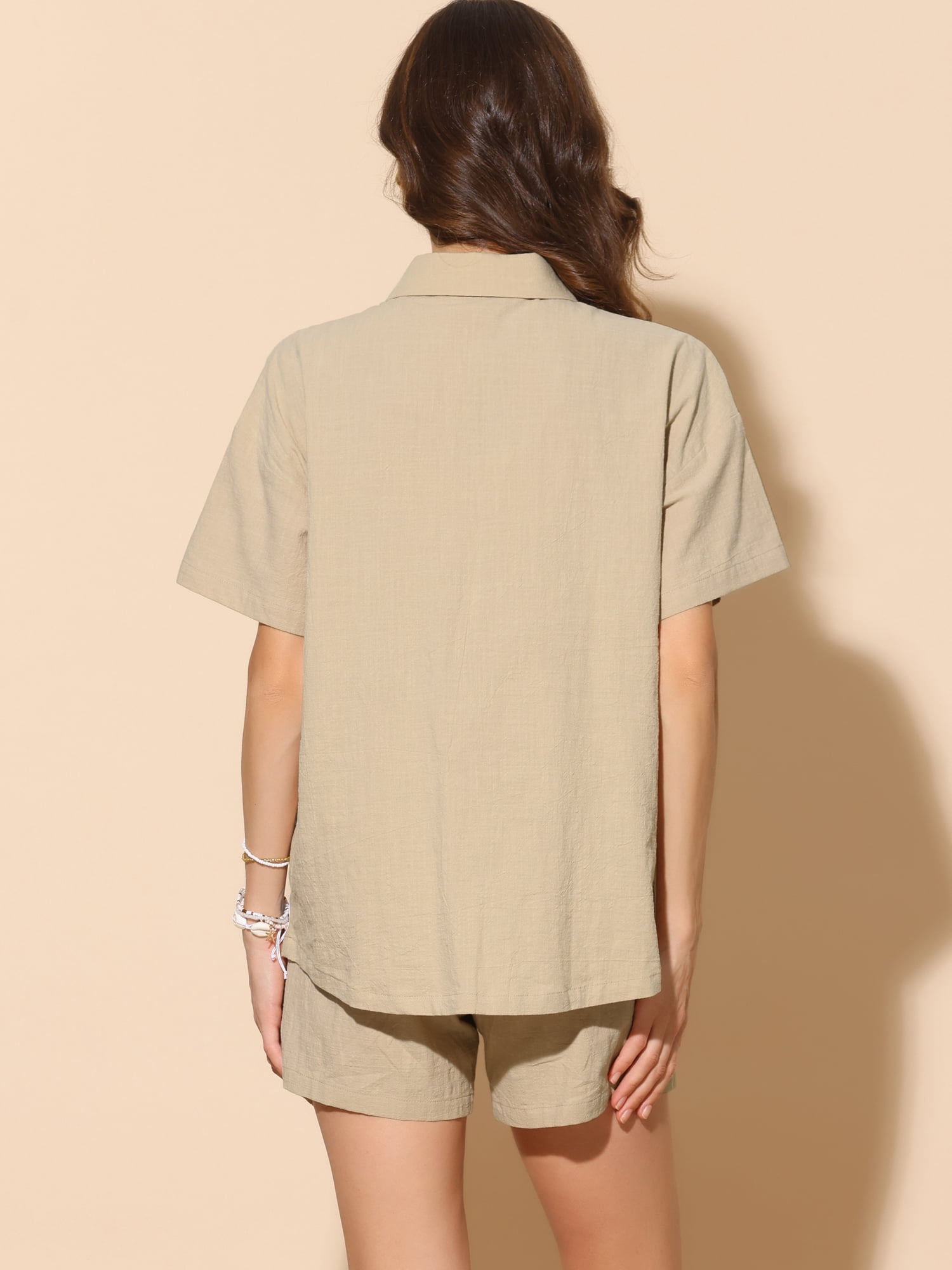 DARING DIVA 2 Pcs Women's Cotton Button Down Shirt Lounge Beach Short Sets XL Khaki