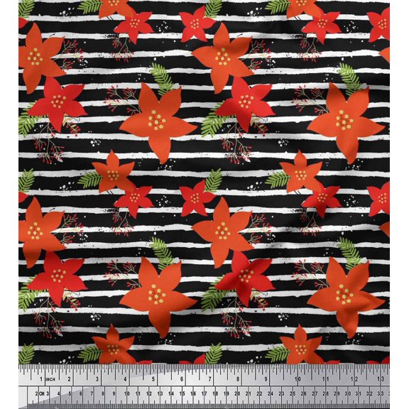 Soimoi Cotton Duck Fabric Stripe,Leaves & Camellias Floral Print Sewing Fabric Yard 42 Inch Wide
