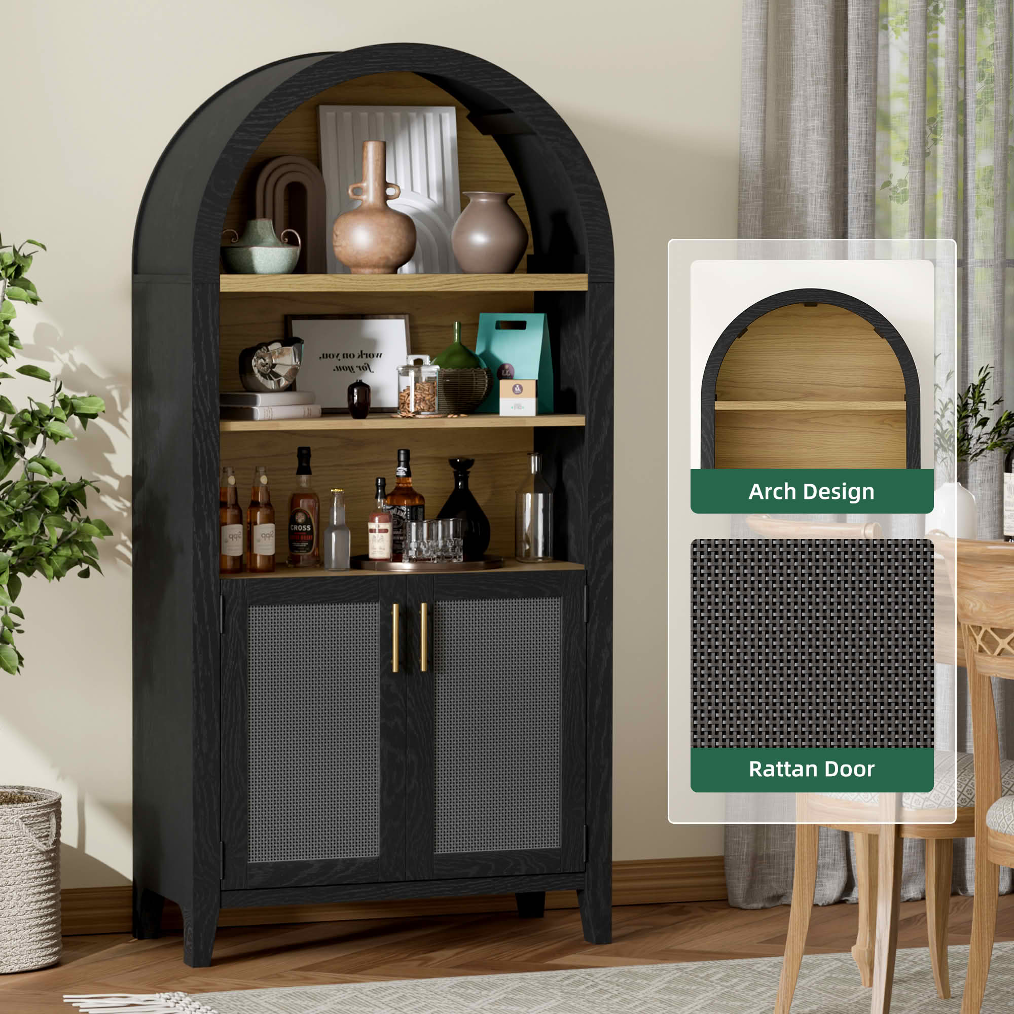 MAYEERTY 63" Arch Cabinet with Rattan Woven Doors Black Beech Wood, for Living Room Entryway
