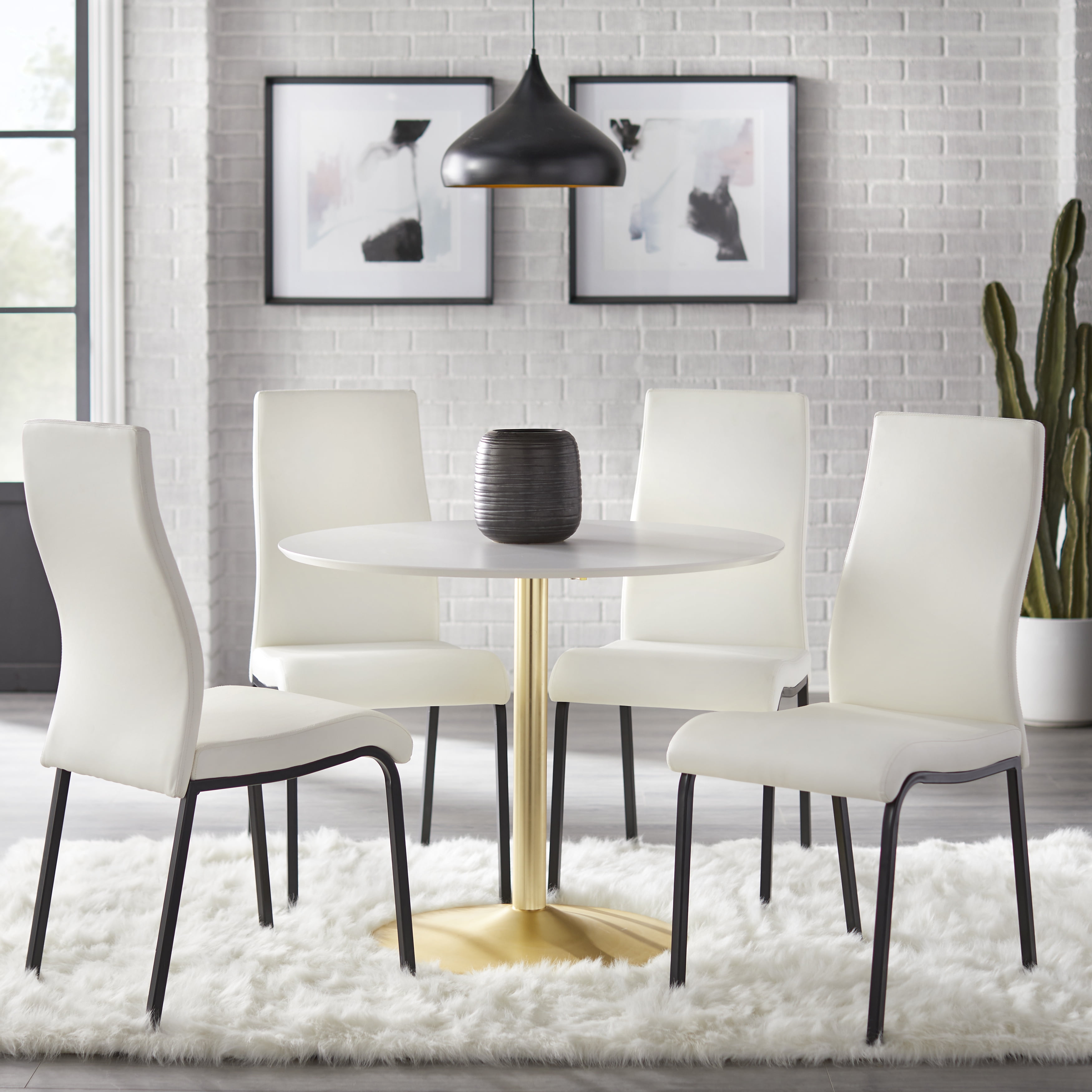 TMS Nora Upholstered Modern Dining Chair, Set of 2, White with Black Metal Legs