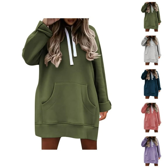 Plain Hoodie Dress for Women 2025 Fall Winter Long Sleeve Side Slit Hooded Sweatshirt with Pockets Pullover Tops