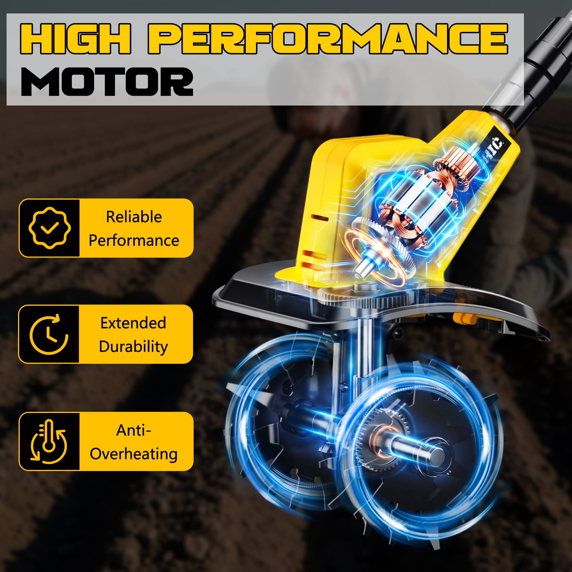 Rvchic 24V Cordless Tiller Cultivator with 2x2000mAh Batteries,360RPM High-Speed,4"Width x 6"Depth for Lawn/Gardening/Soil Cultivation 4 Blades