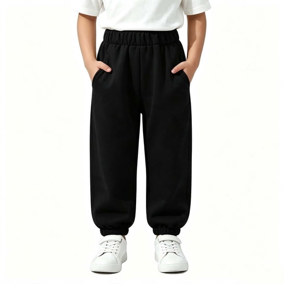 LUGOGNE Toddler Boys Fleece Lined Sweatpants with Pockets - Elastic Waist Casual Sherpa Warm Joggers Fall Winter Kids Clothing Black,Size 5
