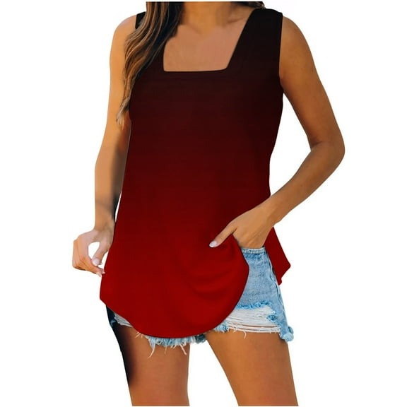 Summer Tank Tops for Women Square Neck Loose Casual Tank Shirts Flowy Sleeveless Side Slit Tee Shirts Blouses Plus Size