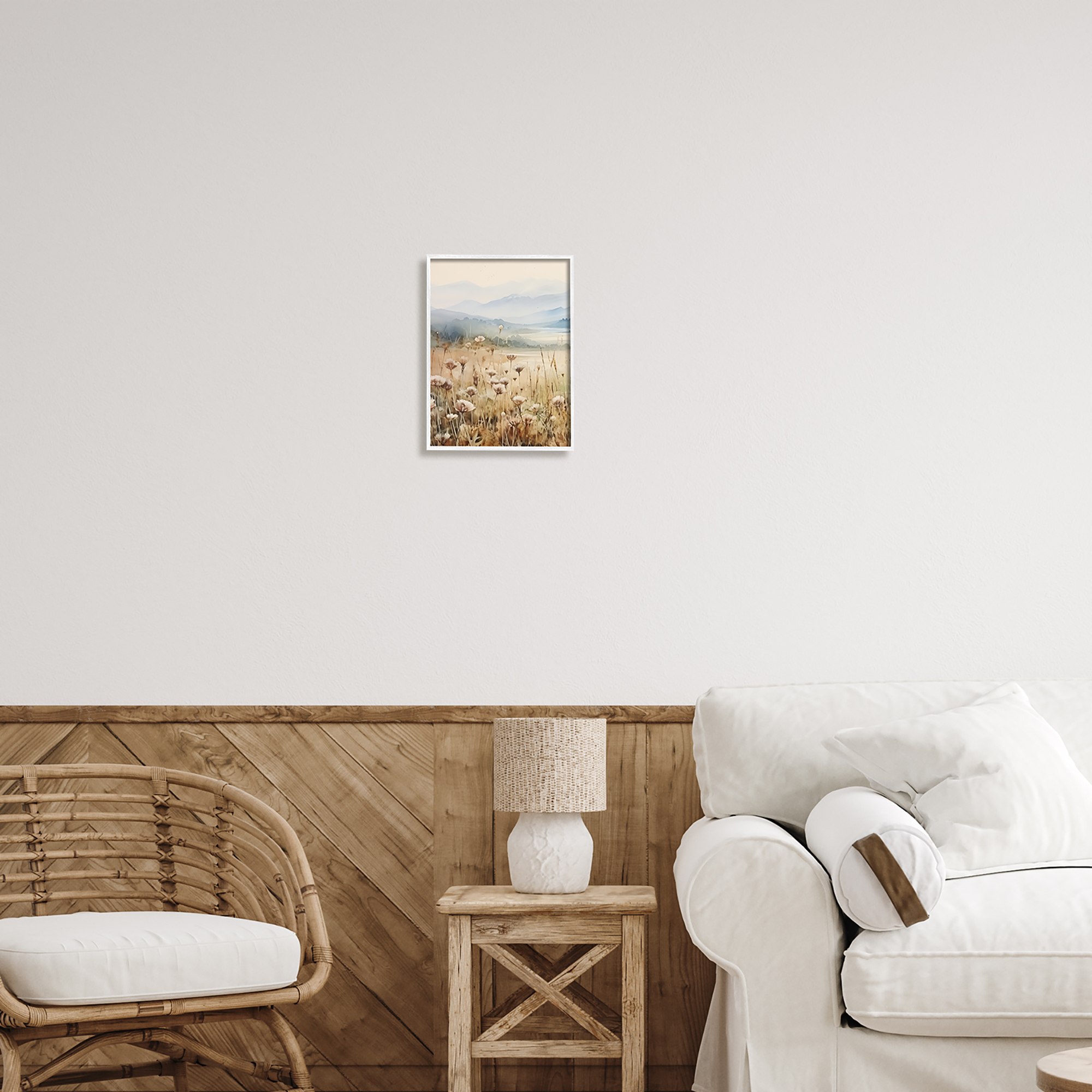 Stupell Industries Meadow with Foggy Mountains Landscape Painting White Framed Art Print Wall Art, 11 x 14