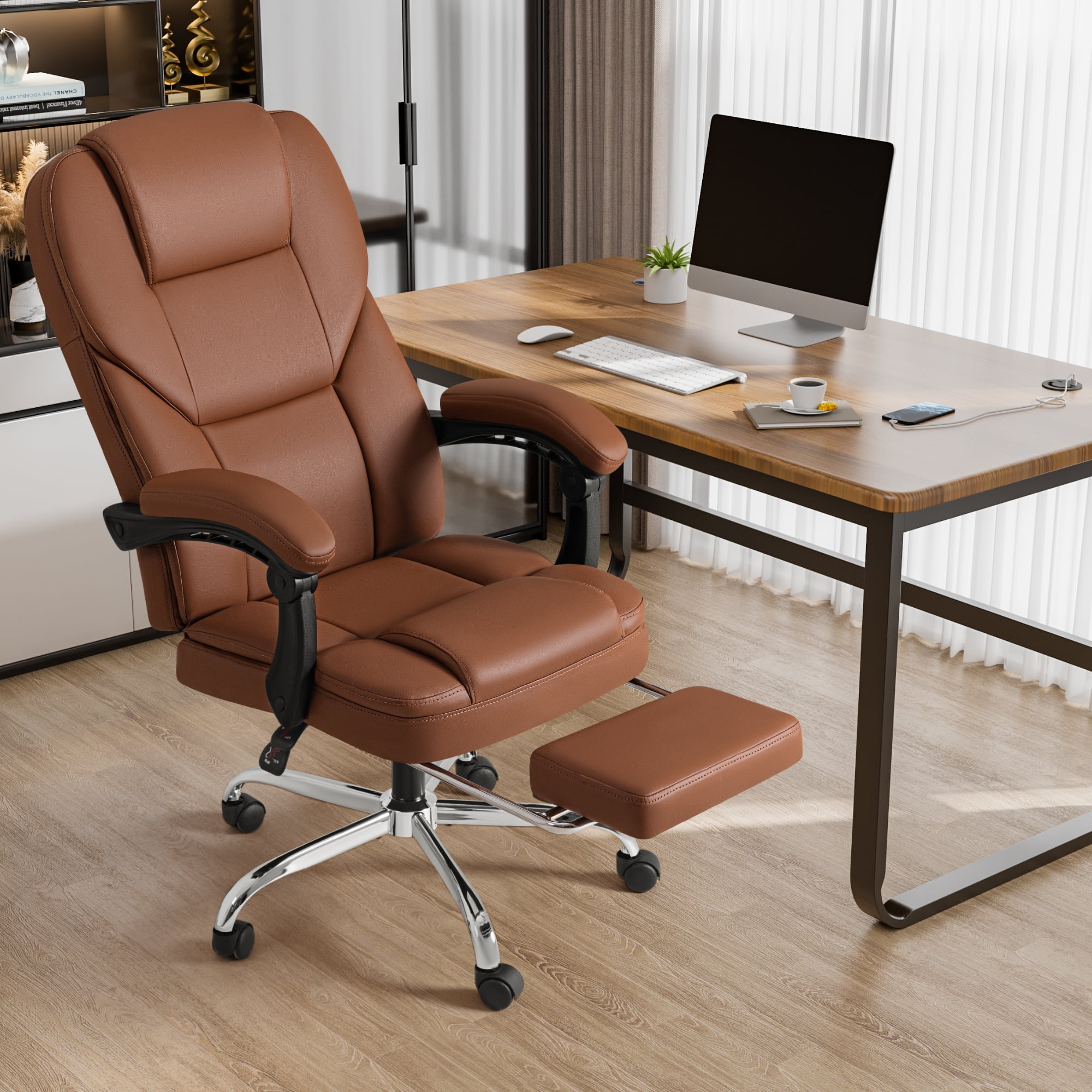 Furmax Reclining Massage Computer Chair Ergonomic Executive Office Chair Height Adjustable Leather Chair With Armsrests,Brown