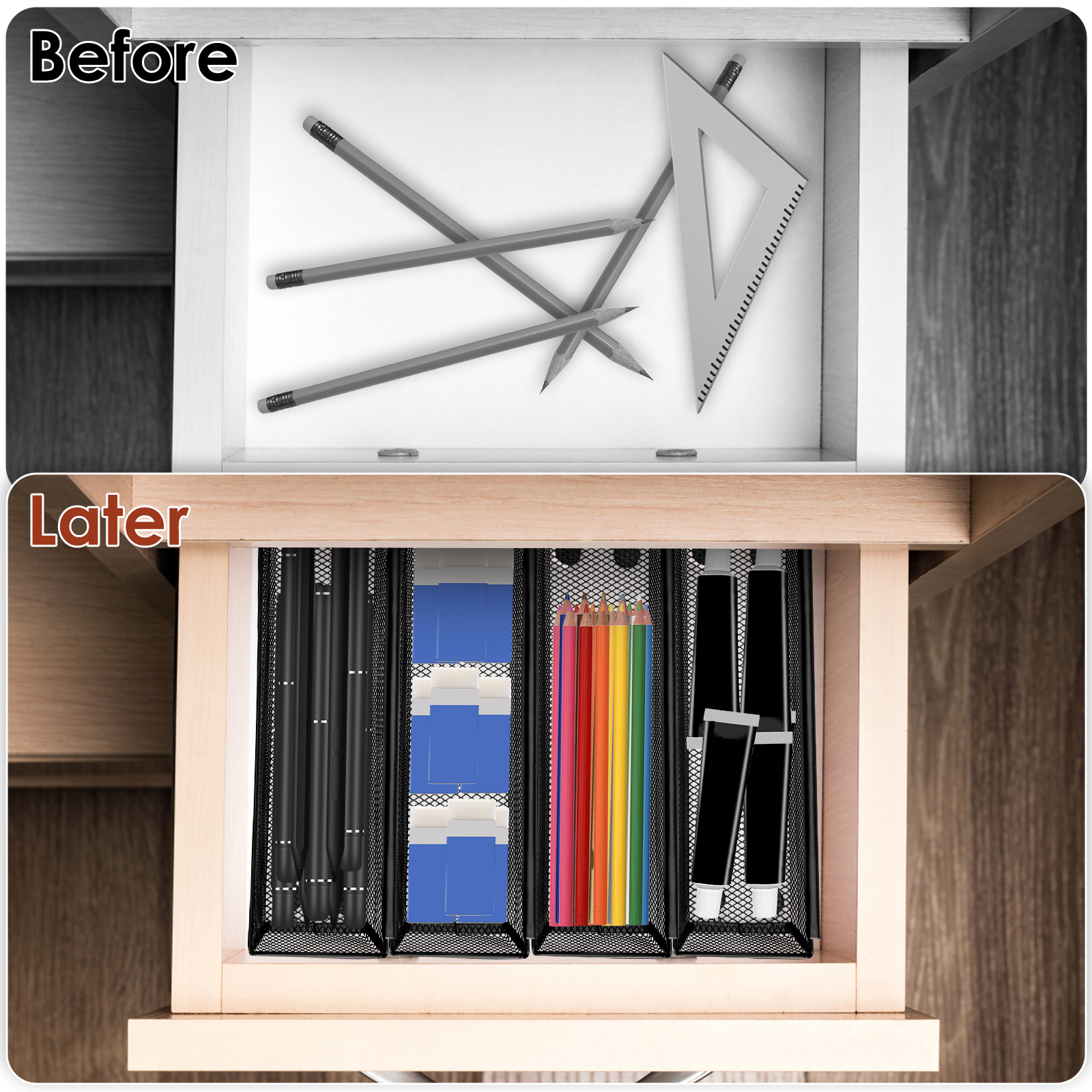 6 Pcs Drawer Organizer with Interlocking Arm Metal Utensil Mesh Drawer Organizer Nonslip Utensil Organizer Breathable Silverware Drawer Organizer for Kitchen 9.6x3x2inch Black