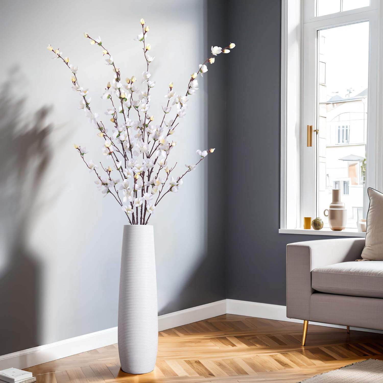 Artificial Faux Plants Flowers Indoor Spring Decor，4 Bundles Fake Silk Plum Blossom,Faux Silk Cherry Blossom Branches for Wedding Office Party Hotel Home Decor，Vase Not Included(White)