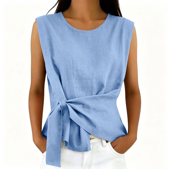 Linen Cotton Tops For Women Summer Crew Neck Sleeveless Solid Trendy Party Resort Vacation Daytime Outfit Elegant Laid Back Street Style Beach Trip