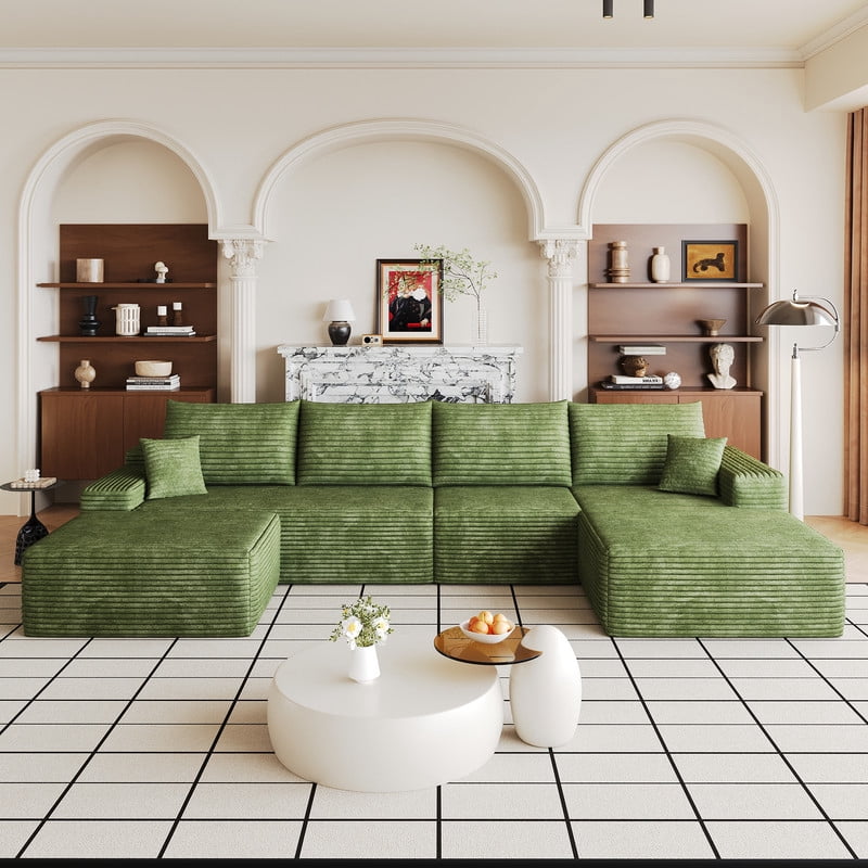 135" Cloud Sectional Sofa with Ottoman, U Shaped Modular Sectional Couch, Modern Minimalist Deep Seat Upholstered Sofa with Chaise, Plush Corduroy Fabric Living Room Sofa Set, No Assembly Required