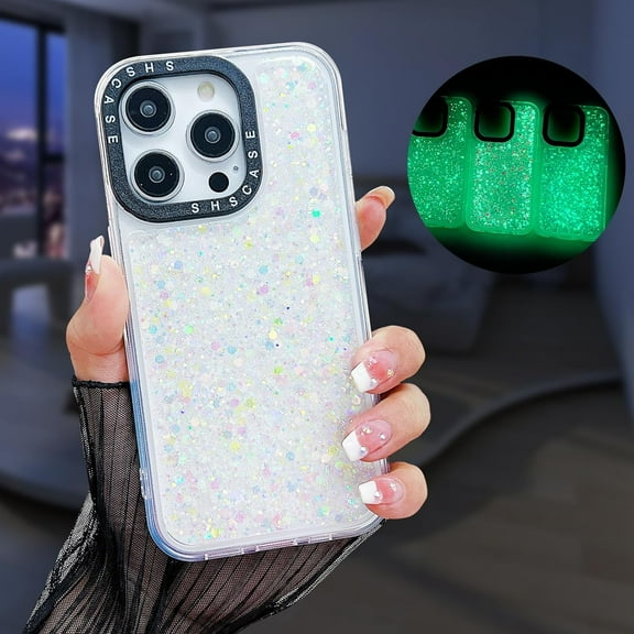 Compatible with iPhone 15 Pro Bling Case Glow in The Dark Noctiluncent Fluorescent Luminous Phone Case Women Girls Girly Glitter Sparkling Slim Soft TPU Bumper Protective Cover,White