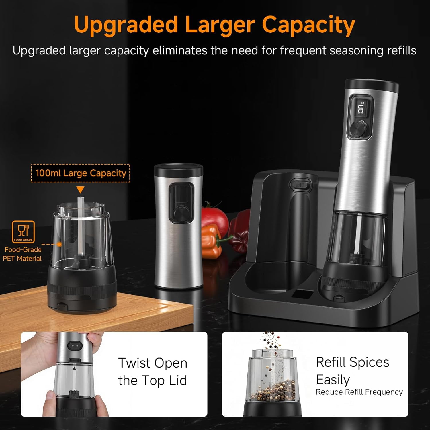 Electric Salt and Pepper Grinder Set with Charging Base, 2 Pack Rechargeable Automatic Spice Mills, 5 Level Settings, LED Light, Large Capacity for Kitchen