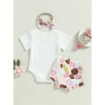 thumbnail image 4 of Coduop Newborn Baby Girls Birthday Outfit Set Short Sleeve Romper Donut Print Shorts 3Pcs Set, 4 of 9