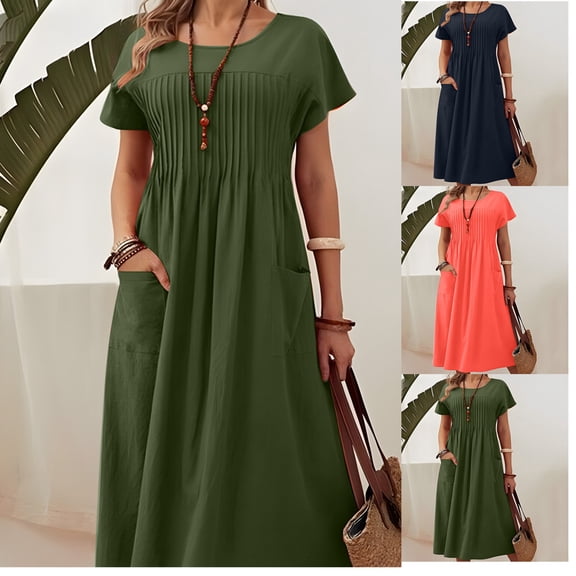Yijfswar Plus Size Cotton Linen Dresses for Women Short Sleeve Summer Pleated Midi Dress with Pockets