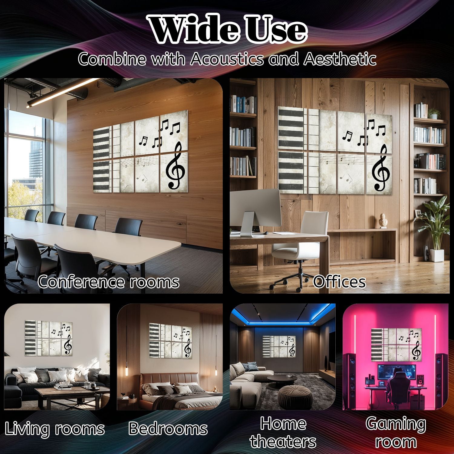 Musical 8 Pack Art Acoustic Panels Sound Absorbing Vintage Music Piano Keys Treble Clef Floating Musical Decorative Soundproof Wall Panels Self Adhesive for Nursery Game Room Music Classroom 48"x32"