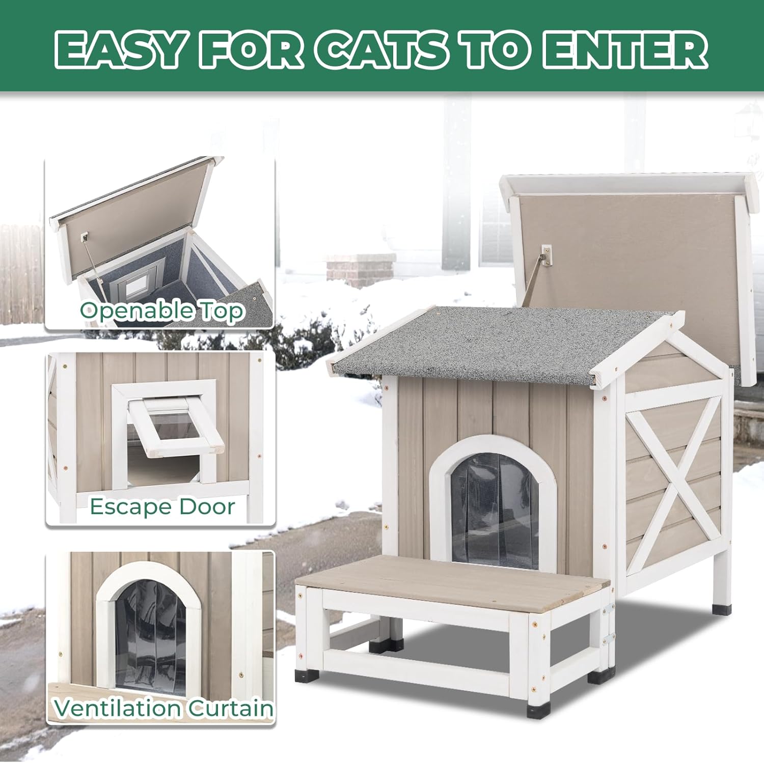 Gowoodhut Small Insulated Cat House, Wood Outdoor Cat House Weatherproof with Cat Scratching Cloth for Winter, Grey