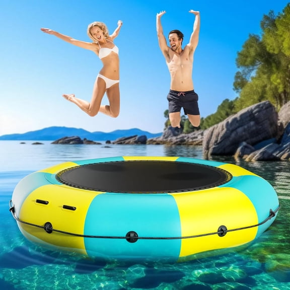 Inflatable Water Trampoline for Lake, 10FT Recreational Floating Water Bouncer with 500W Electric Inflator & Rope Ladder, Portable Pool Trampoline Swim Platform Yellow