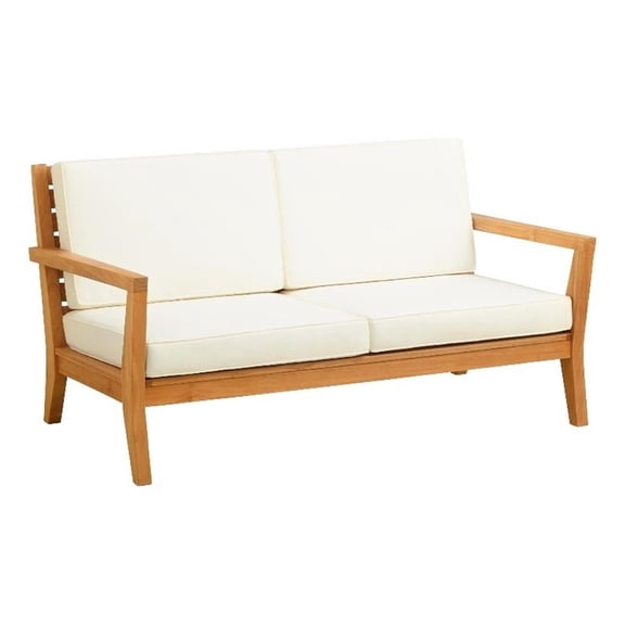 Pemberly Row Outdoor Solid Teak 2 Seat Sofa and UV Resistant Cushions in Natural