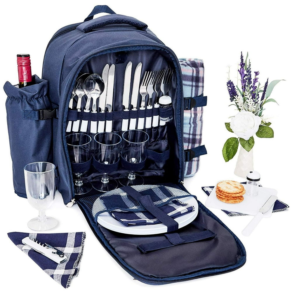 Picnic Basket Backpack Set for 4 with Insulated Cooler, Detachable Wine
