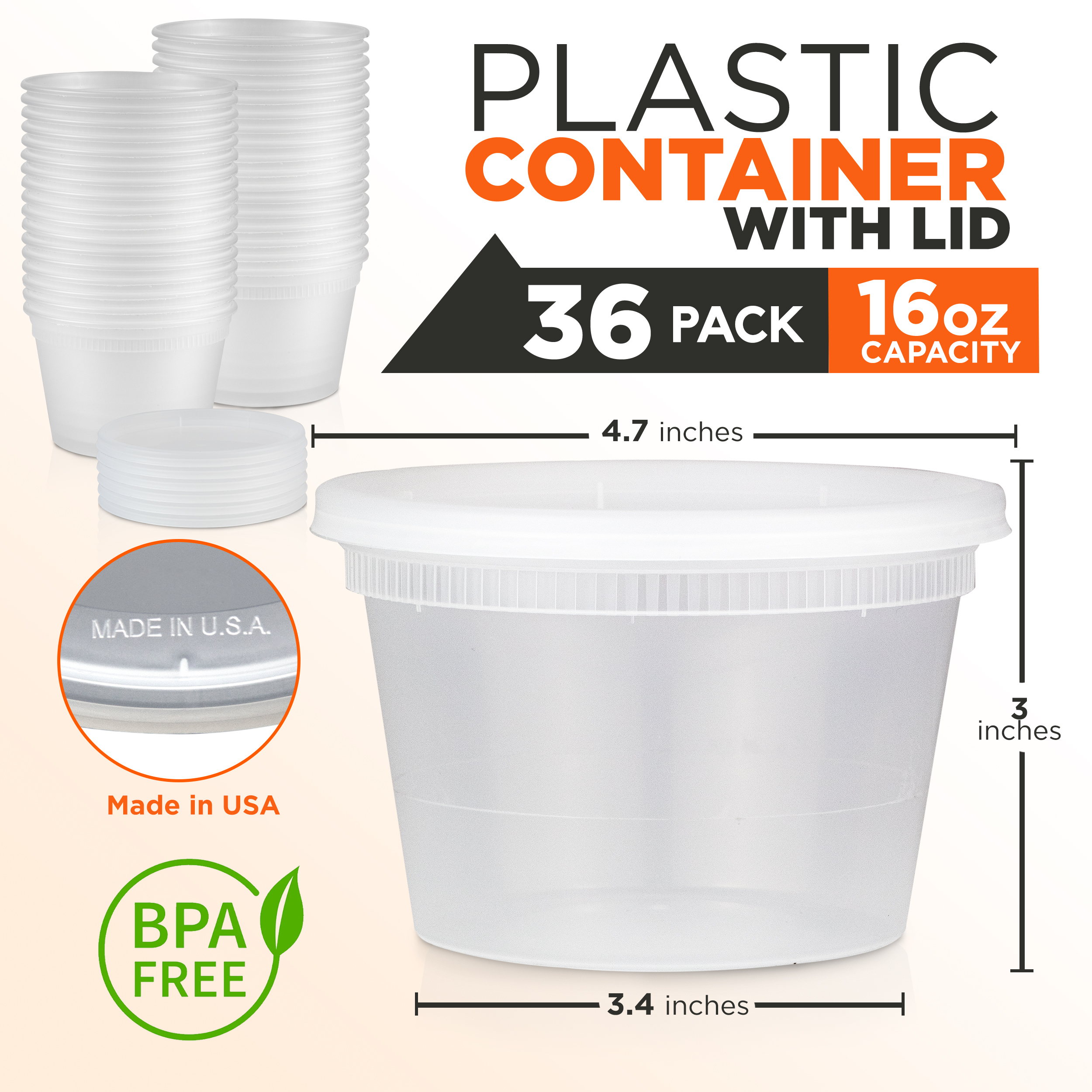 [36 Pack] Food Storage Containers with Lids, Round Plastic Deli Cups, US Made, 16 oz, Pint Size, Leak Proof, Airtight, Microwave & Dishwasher Safe, Stackable, Reusable, White - image 3 of 7