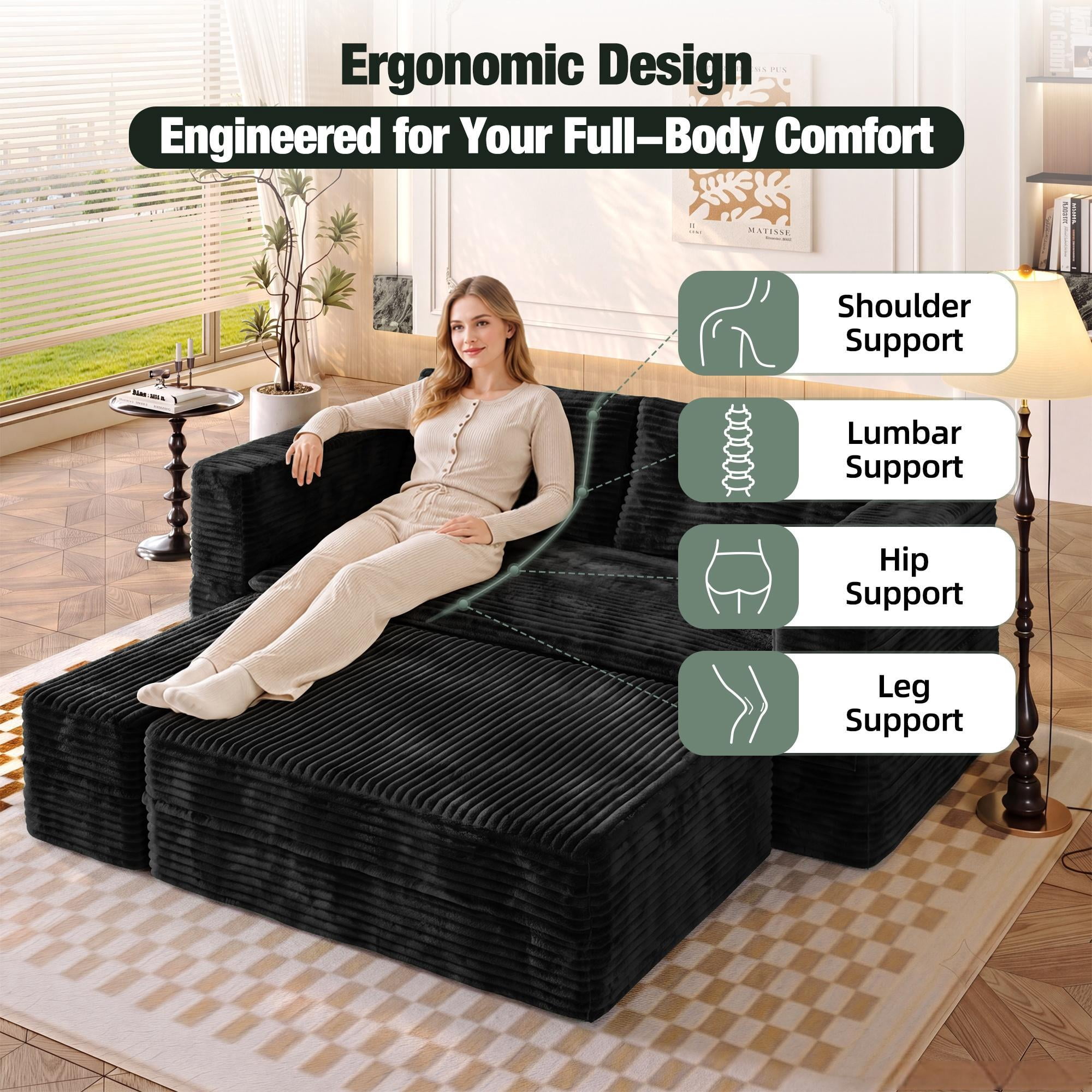 HOQBN 80" King Size Sleeper Sofa Bed, Plush Corduroy Deep Seat Sofa Couch with Independent Chaise and Functional Blanket for Living Room, Bedroom Black