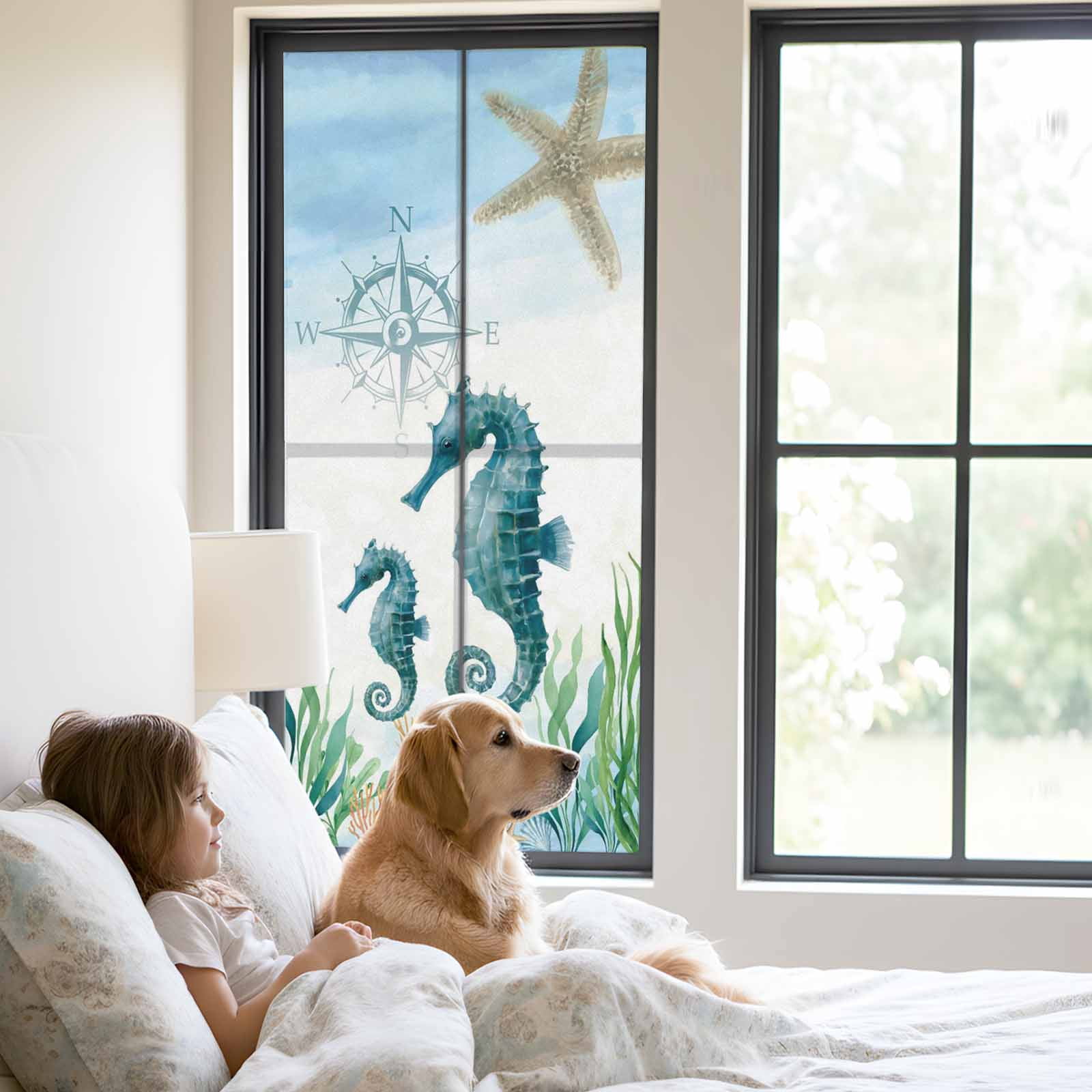 Ocean Blue Window Privacy Film, Seahorse Starfish Compass Seagrass Coral Coastal Frosted Glass Window Clings Static Cling UV Heat Blocking Reusable Door Sticker for Bathroom 23.6 x 59 Inch