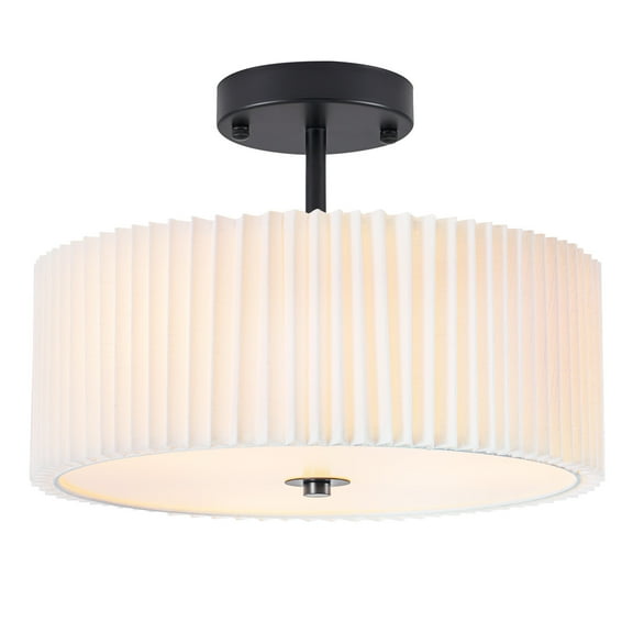 BESTOMINE Semi Flush Mount Ceiling Light,12.5 inch Ceiling Light Fixture,Black Flush Mount Light Fixture with Pleated Fabric Drum Shade,Light Fixtures Ceiling Mount for Bedroom,Living Room,Hallway