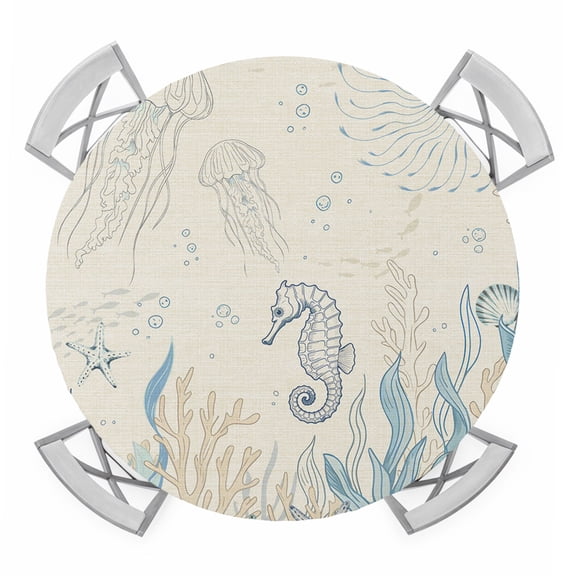 Blue Seahorse Coastal Round Tablecloth for 36-44 Inch Tables,Fitted Table Cover with Elastic Edge,Summer Beach Nautical Ocean Coral Vintage Waterproof Outdoor Table Cloth Protector for Patio Dinner