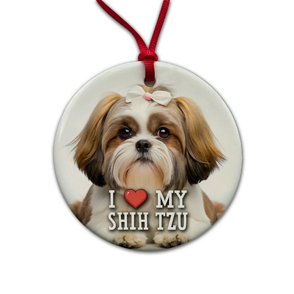 I Love My Shih Tzu Dog Heart Christmas Tree Holiday Round Ceramic Ornament