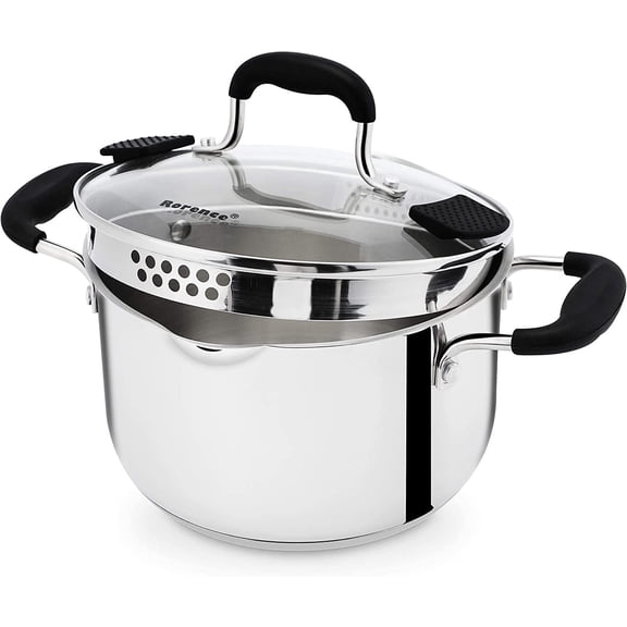Rorence 3.7 Quart Stainless Steel Casserole with Strainer Glass Lid and Pour Spouts, Tri-Ply Base Induction Stock Pot with Silicone Handles
