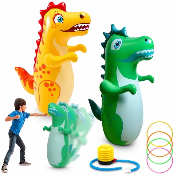 2 Pack Inflatable Punching Bag,4 Rings Ring Toss,Portable Inflatable Dinosaur Sandbag,Boxing Bag for Entertainment Boxing Training Game,38 in Tall,Green and Yellow