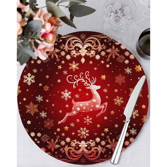 15 Inch Round Placemats Set of 6, Christmas Red Reindeer Non Slip Heat Insulation PP Table Mats, Snowflakes Winter Xmas Holiday Washable Place Mats for Kitchen Dining Party Table Decor