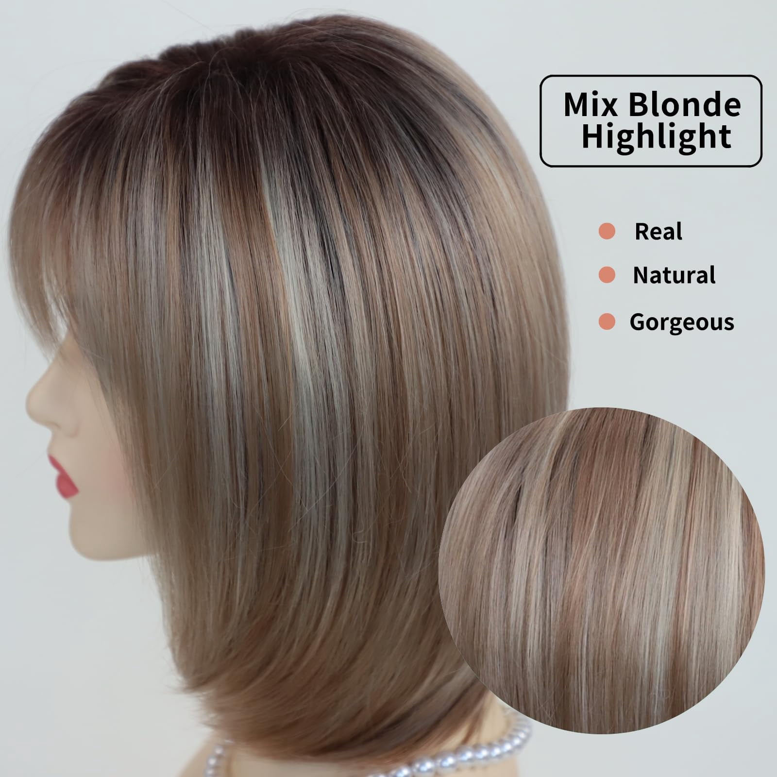 Layered Blonde Balayage Bob Wig for Women Medium Length Straight Synthetic Hair with Bangs Ombre Platinum Brown