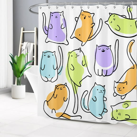 HVEST Cute Cat Shower Curtain with Abstract Lovely Colorful Cat Design - Funny Animal Bathroom Decor, Waterproof Polyester Fabric, Includes 12 Hooks, 72x72 Inches