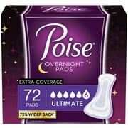 Poise Overnight Incontinence Pads for Women, Ultimate Absorbency, Extra Coverage, 72 Ct