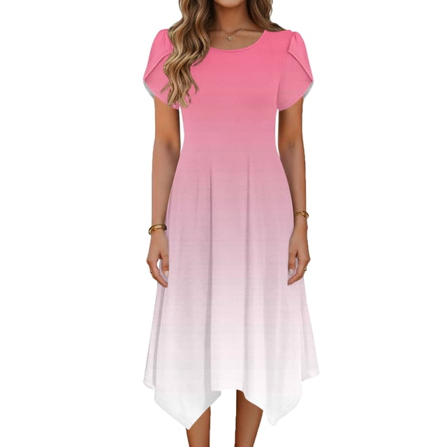 TaTaai Women's Casual Gradient Print Round Neck Short Sleeve Dress with Ruffle Sleeves Irregular Hem Fashion Midi Dress Soft Breathable Fabric for Spring Summer Daily Life Gift