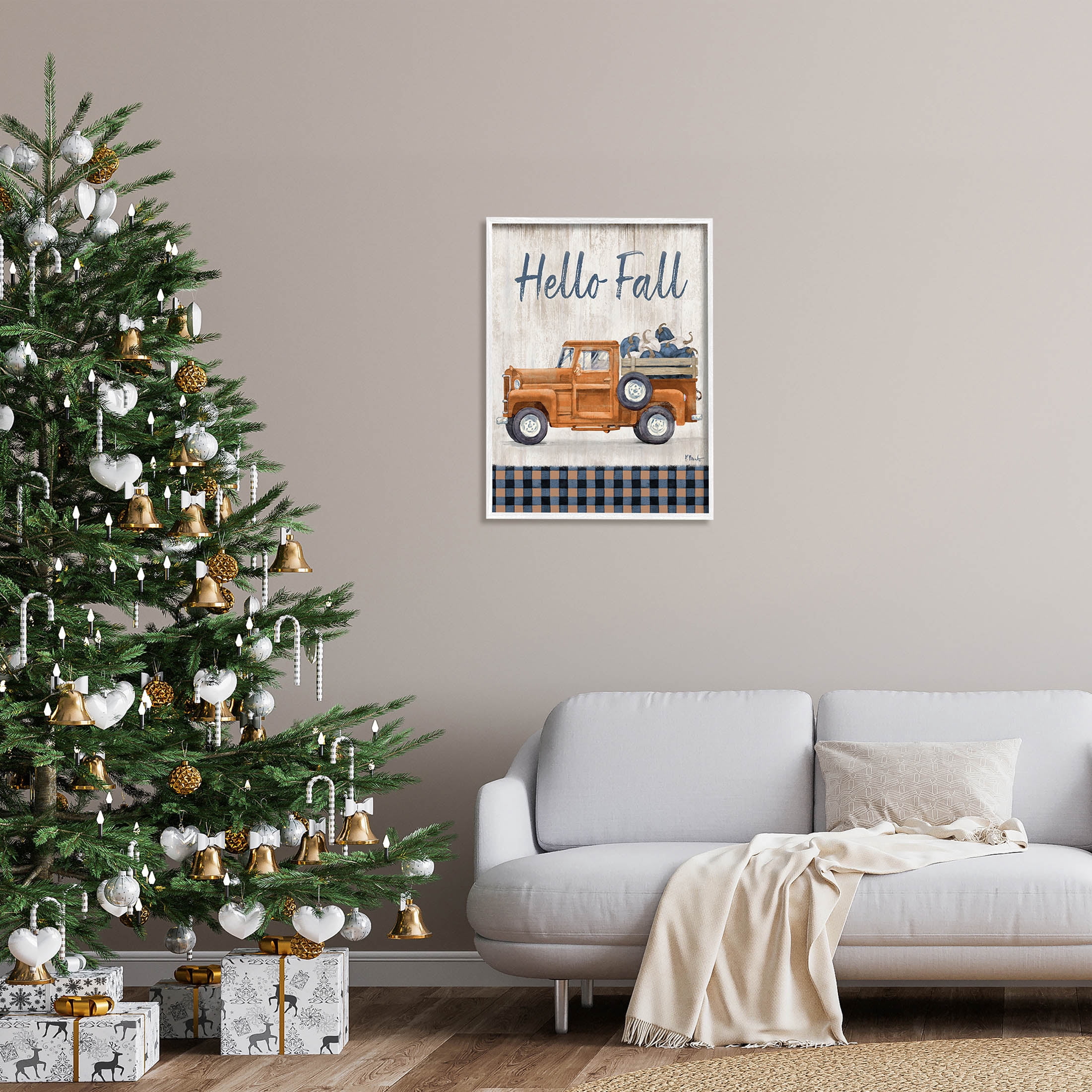 Stupell Industries Hello Fall Plaid Pumpkin Truck Graphic Art White Framed Art Print Wall Art, Design by Paul Brent