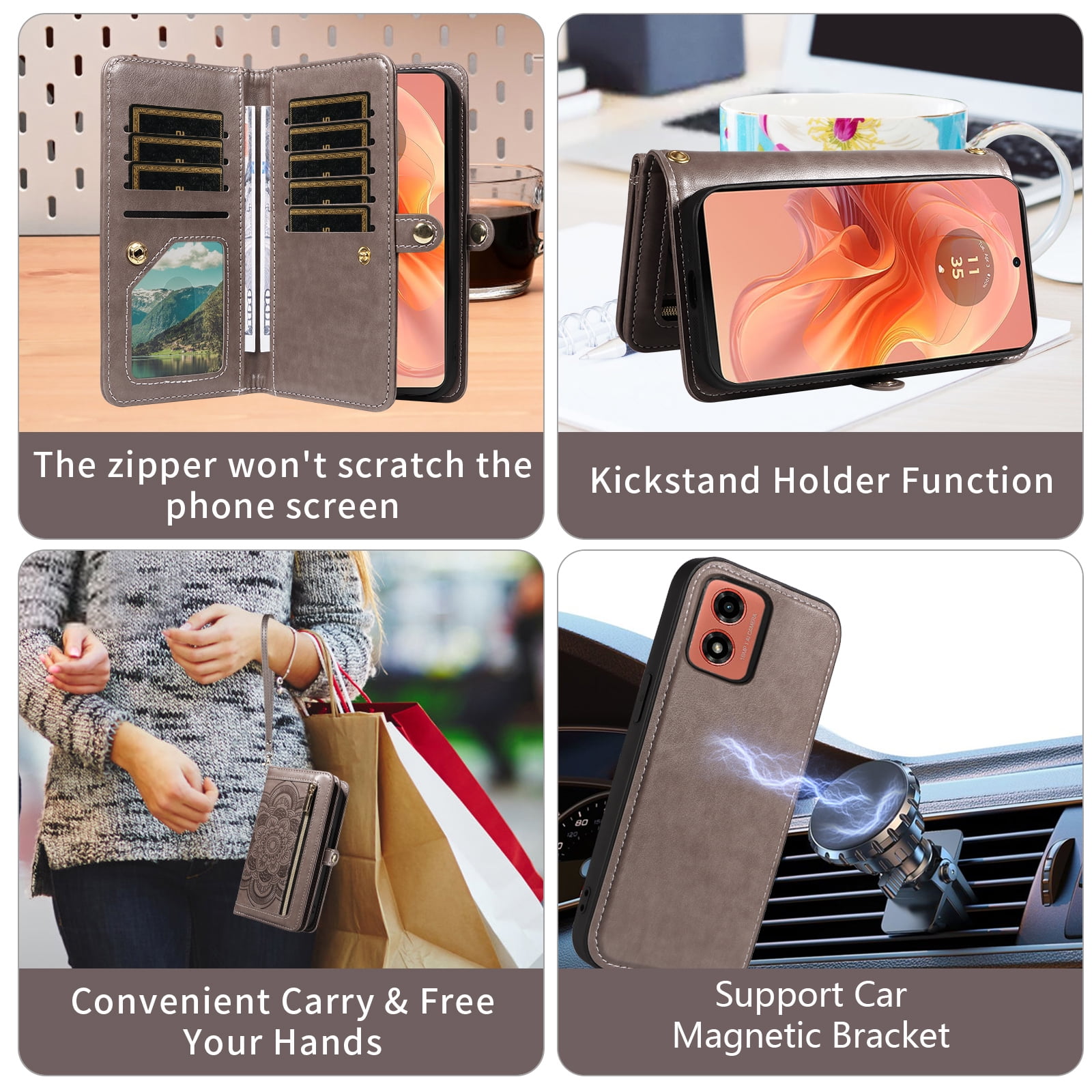 Asuwish Phone Case for Motorola Moto G04/G04s/G24/E14 4G Zipper Wallet Detachable Cell Cover with Tempered Glass Screen Protector Lanyard Strap Flower Flip Card Holder GO4 G 04 04s 24 E 14 Women Gray